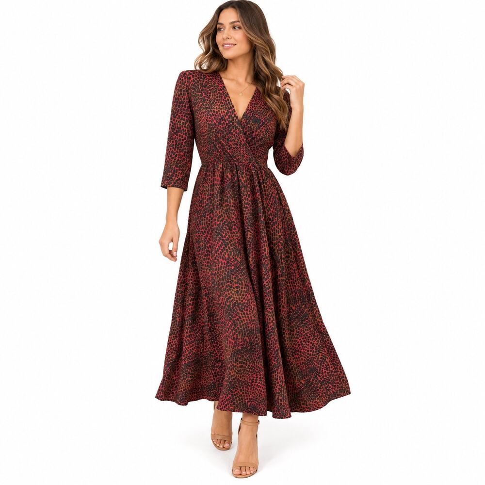 Peruvian Connection Leopard Print Pima Cotton Midi Dress Small Red Black